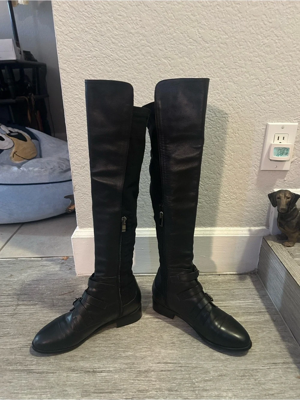 Stewart Weitzman Black Over-the-Knee Buckle Boots